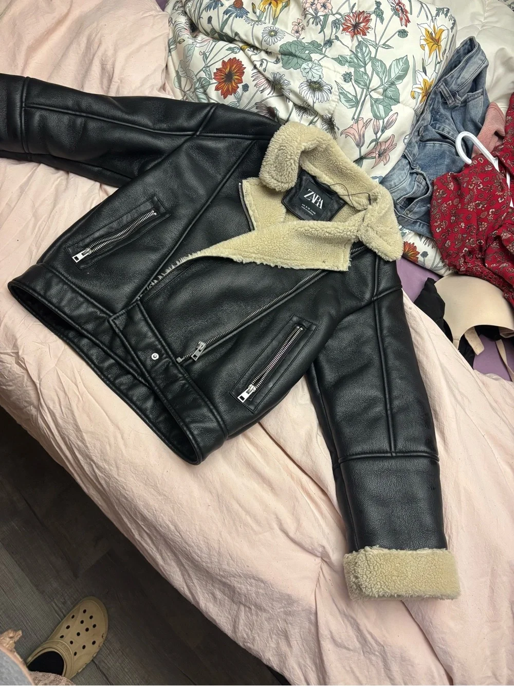 Zara Black Faux Leather Jacket with Cream Shearling Collar